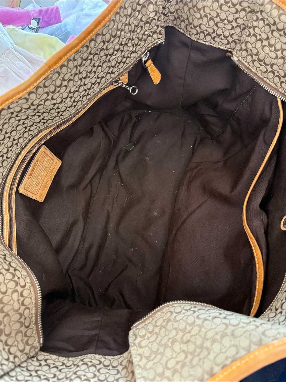 Coach Brown Signature Travel Tote with Tan Leather Accents
